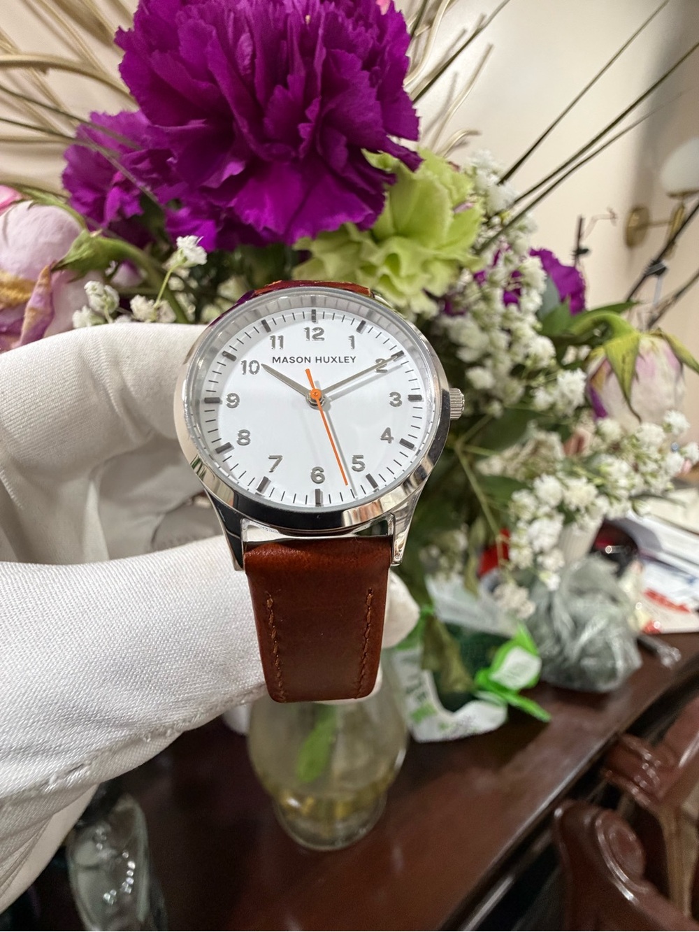 Mason Huxley Mid-Size Watch 28mm White Dial 316L Stainless Steel Brown Leather